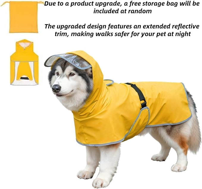 Dog Poncho Hooded Raincoat for Puppies & Small to Large Dogs, Reflective Strips for Night Safety, Lightweight & Adjustable Fit (Large, Yellow)