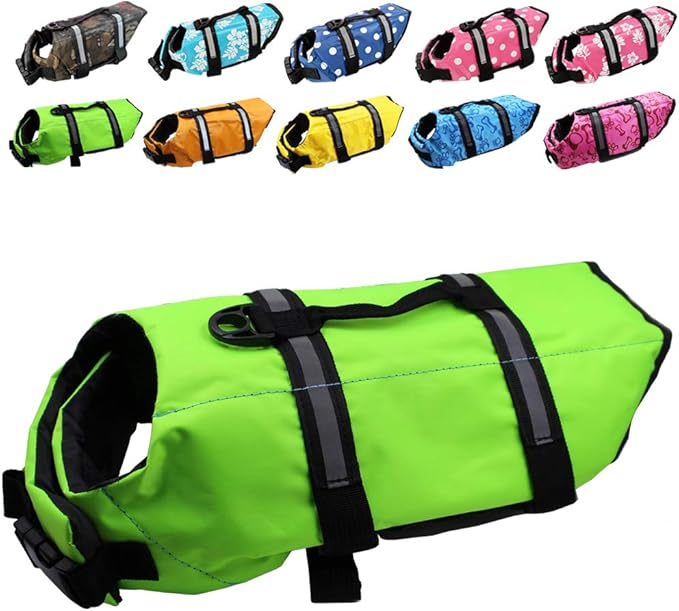 Dog Life Jacket Easy-Fit Adjustable Belt Pet Saver Swimming Safety Swimsuit Preserver with Reflective Stripes for Doggie (XS, Green)