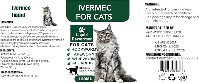 Cat Dewormer Liquid,Dewormer for Cats Broad Spectrum for Tapeworms, Roundworms & Hookworms, Promotes Digestive Comfort & Daily Balance