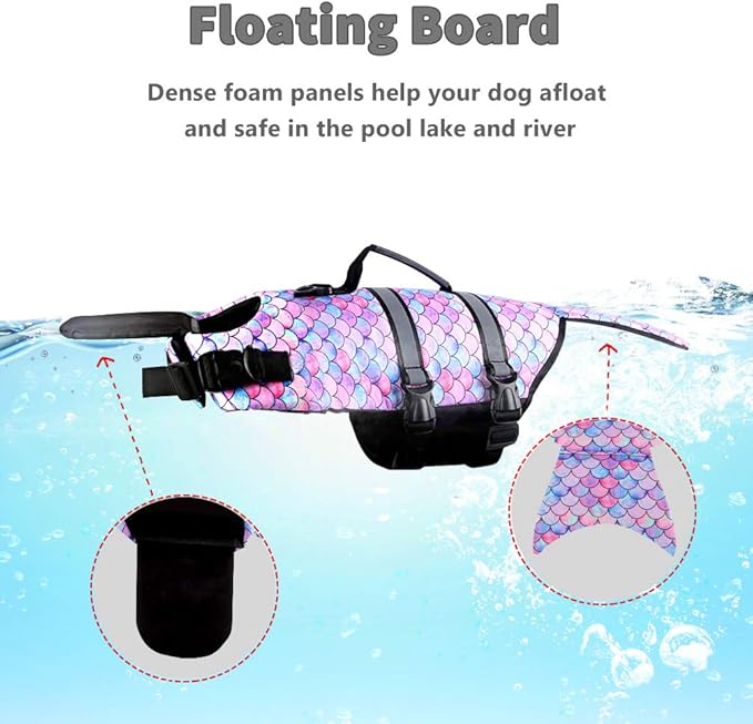 Dog Life Jacket Ripstop Pet Safety Floatation Vest Adjustable Dog Life Preserver Reflective Durable Rescue Handle Pet Lifesaver for Small Medium Large Dogs Swimming Beach Boating（Mermaid, L）
