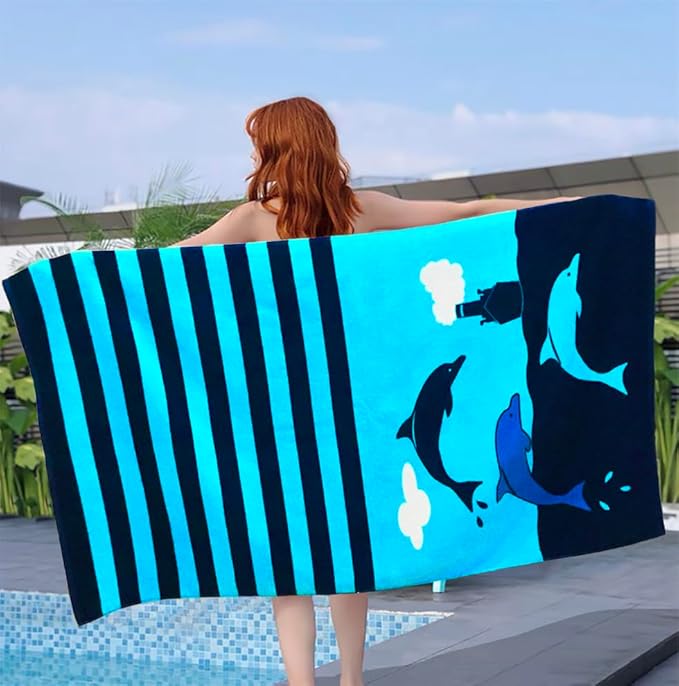 YIFONTIN 4-Pack Beach Towels 100% Cotton Extra Large XL 34"x63" Soft Absorbent Velour Throw Blanket Gift for Bath Holiday Swimming Pool Sports Camping Picnic Yoga, Dolphin Shark Vessel.