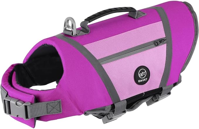 EMUST Dog Life Vests, Lightweight Dog Floating Vest with Durable Rescue Handle Quick-Release Buckles, Adjustable Pet Lifejacket with Pockets for Bulldogs, Dachshunds, Corgis, Purple, XXL