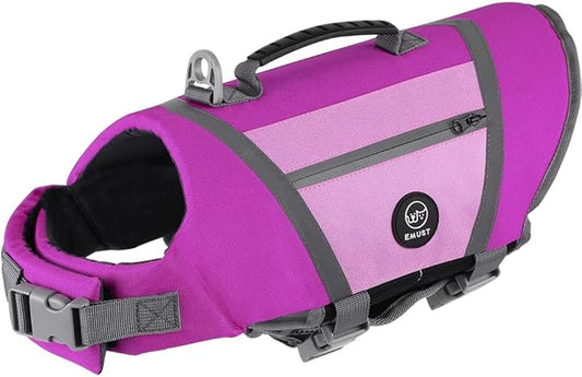 EMUST Dog Life Jackets, Durable Pet Life Jackets for Swimming, Boating with High Visibility, Stylish Dog Swimsuit with D-Ring for Swimming, Boating, Kayaking, Purple, XL