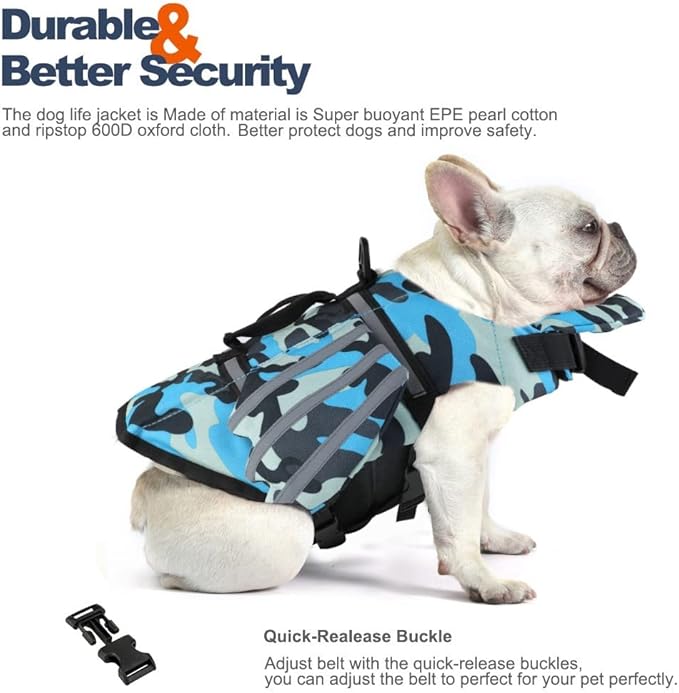 Dog Life Jacket, Wings Pet Life Vest for Swimming Boating Reflective Dog Flotation Swim Vest with Handle and Chin Float for Small Medium Large Size Dogs - Blue Camo, S