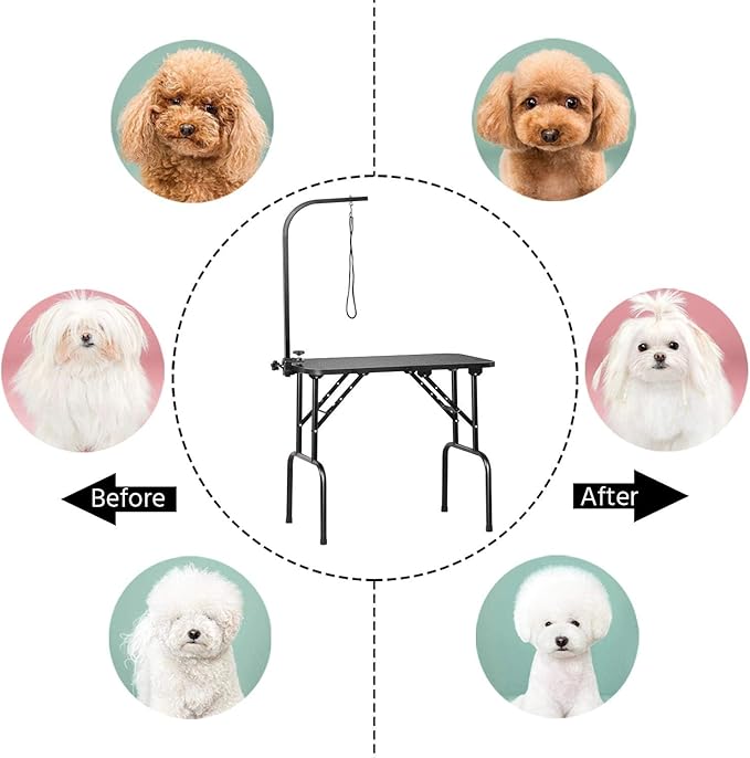 Yaheetech 32-inch Foldable Pet Dog Grooming Table with Adjustable Height Arm Drying Table for Home w/Noose for Small Dogs Cats Non-Slip Maximum Capacity Up to 220lbs Black
