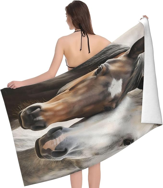 Horse Lovers Beach Towel, 51inx51in, Brown and White, 100% Cotton, Quick Dry, Absorbent, Lightweight, Portable, Fashionable