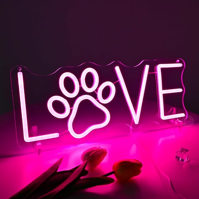 Britrio Pink Love LED Neon Light Sign Dog Paw Neon Sign Wall Decor for Pet Room Dog Cat Lover Girl Bedroom Wife Women Birthday Wedding Gift Living Room Home Decor Neon Night Light USB Powered 15.75”