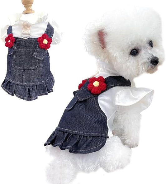 ANIAC Denim Small Puppy Dress 3D Flowers Girl Dog Clothes with D-Ring and Pocket Female Cat Harness Dresses Cute Shih Tzu Yorkies Chihuahua Outfits Summer Pet Clothing (X-Small)