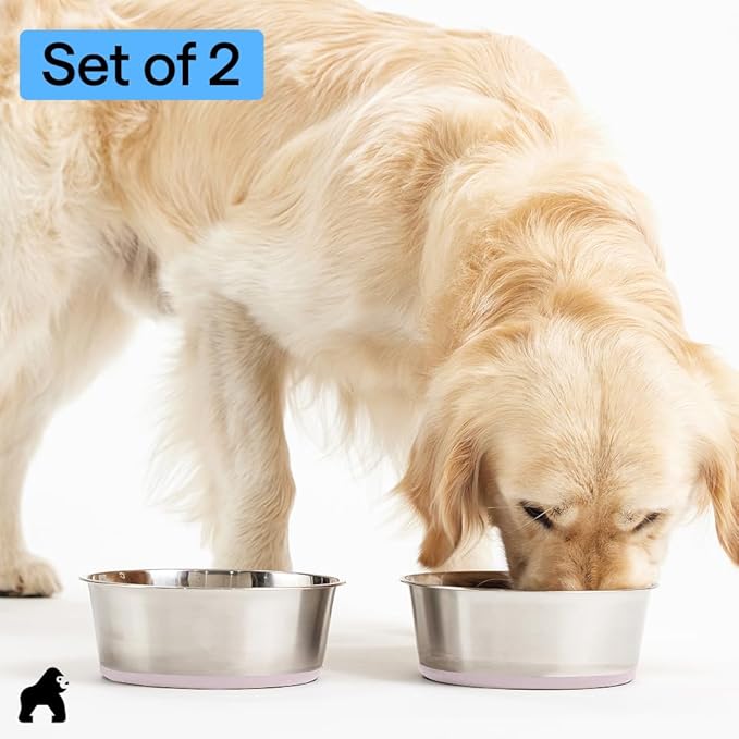 GORILLA GRIP Dog Bowls, Heavy Duty 304 Stainless Steel, Holds 6 Cups Each (48 fl oz) Food and Water Bowl for Feeding Dogs and Cats, Dishwasher Safe, Rust Resistant, BPA Free Rubber Base Set of 2 Pink