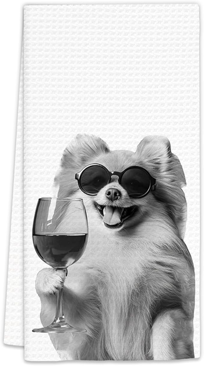 Pomeranian Gifts Wine Dog Kitchen Towels, Gifts for Pomeranian Dog Wine Lovers Decorative Hand Dish Towel for Kitchen Home Bar, Funny PomeranianDog WineLover Home Bar Kitchens Decor(16x24 Inch)