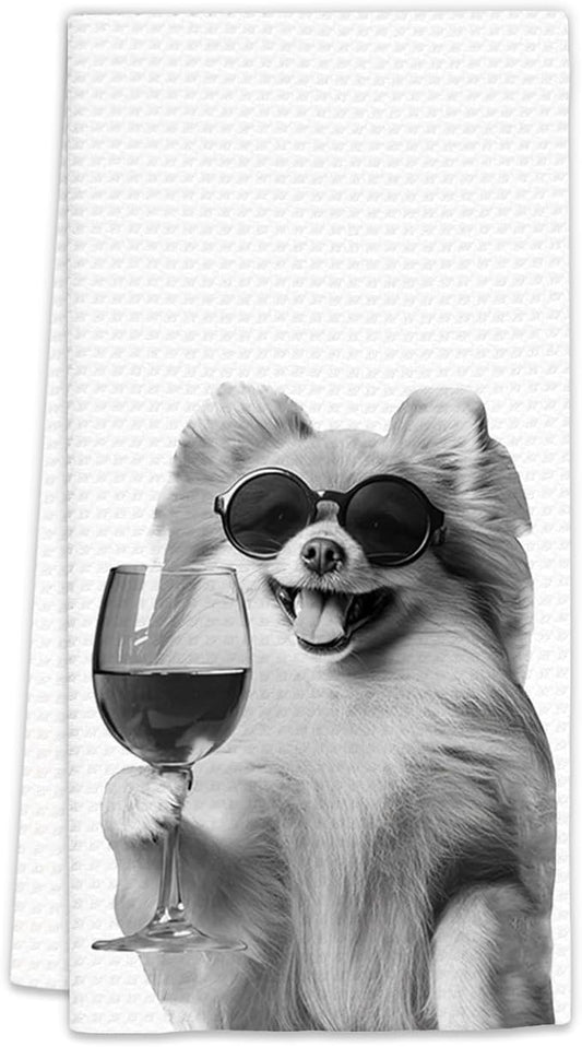 Pomeranian Gifts Wine Dog Kitchen Towels, Gifts for Pomeranian Dog Wine Lovers Decorative Hand Dish Towel for Kitchen Home Bar, Funny PomeranianDog WineLover Home Bar Kitchens Decor(16x24 Inch)