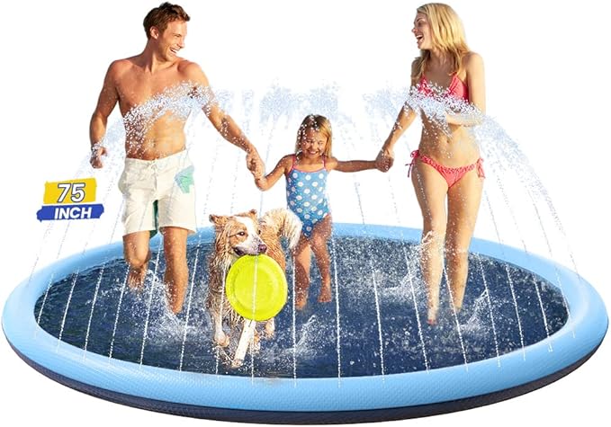 Splash Pad Non-Slip Dogs Cool Sprinkler Pool Extra Large Splash Pads for Kids Dog Baby Wading Pool Summer Outdoor Play Water Fun Toy Gift Easy to Use/Clean 75 inch
