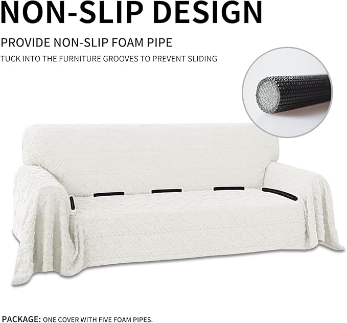 Easy-Going 80X133 inches Sofa Cover, Jacquard Velvet Oversized Couch Slipcover for 3 Cushion Couch, L Shape Sectional Covers for Dogs, Washable Sofa Blanket, Furniture Protector for Pets, Ivory