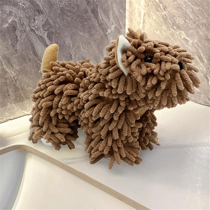 Chenille Hand Towel - Cute Cartoon Dog Plush Fuzzy Ball Hand Towel, Super Absorbent Hanging Kitchen & Bathroom Towels for Kids, Soft Hand Drying Puff for Bath, Washstand (Dark Brown)