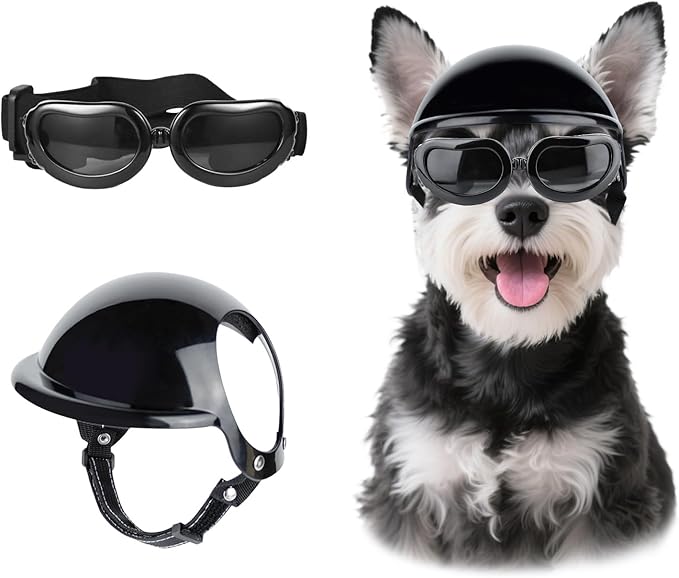 LESYPET Dog Goggles and Helmet for Small Breed, UV Protection Doggy Sunglasses Debris Protection Glasses Dog Motorcycle Helmet with Ear Holes Adjustable Strap for Riding Biking Outdoor, Black