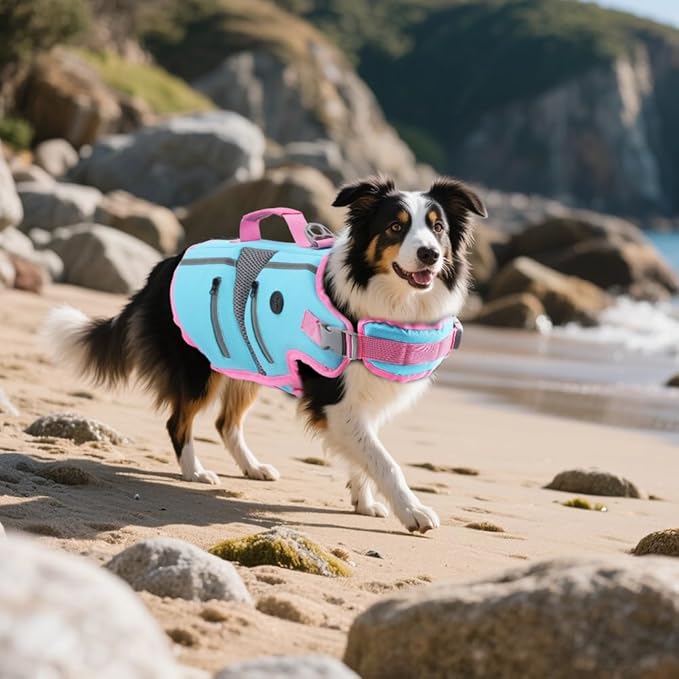 EMUST Dog Life Vest, Lightweight Reinforced Dog Life Jacket for Small Medium Large Dogs with Pockets, Reflective Pet Float Coat Lifesaver for Boating Swimming Pool, Blue, M