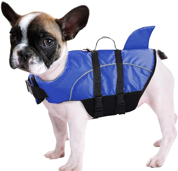Queenmore Ripstop Dog Life Jacket Shark Life Vest for Dogs, Safety Lifesaver with High Buoyancy and Lift Handle for Small and Medium Breeds（Blue M）