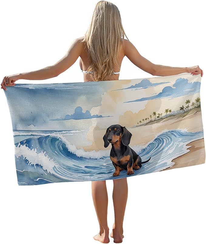 Dachshund Beach Towel, Weiner Dog Pool Towels, Watercolor Coastal Dachshund Sand Towel Large Bath Towels Gifts for Dachshund Lovers, Dachshund Gifts for Women, Weiner Dog Gifts, 29x60in