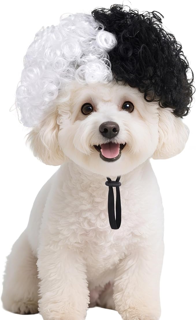 1 Pcs Funny Pets Wigs for Dog, Funny Black and White Curly Dog Wig Adjustable Pet Wigs for Halloween Pet Costume Accessories for Halloween, Christmas, Parties, Festivals Cosplay