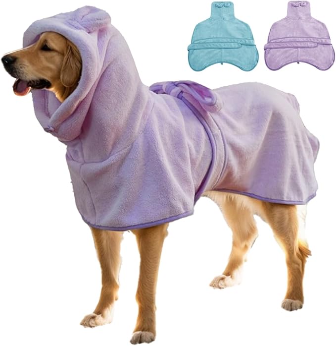 Medium to Large Size Dog Bathrobe, Quick Drying Super Absorbent Used for After Bathing, Warm Dog Towels, Adjustable Hoodies and Belts for Pet Dogs Bath Clothes Products(Purple, 2XL)