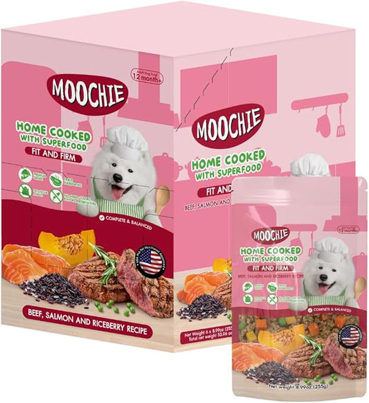 MOOCHIE Home Cooked Superfood Wet Dog Food - Fit & Firm - Beef, Salmon & Riceberry - No Artificial Flavors or Preservative - 6 x 9 oz Pouch