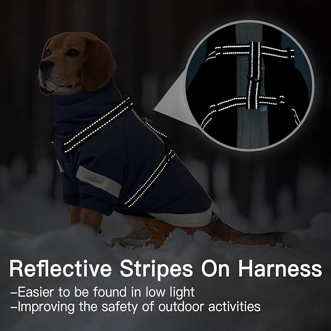 XXX-Large Dog Coat with Reflective Harness 2 in 1 for Dog Walking | Winter Turtleneck Windproof Coat for Large Dogs,Snowsuit with Sleeves Protect Joints,Cold-Weather Clothing(Navy-Blue)