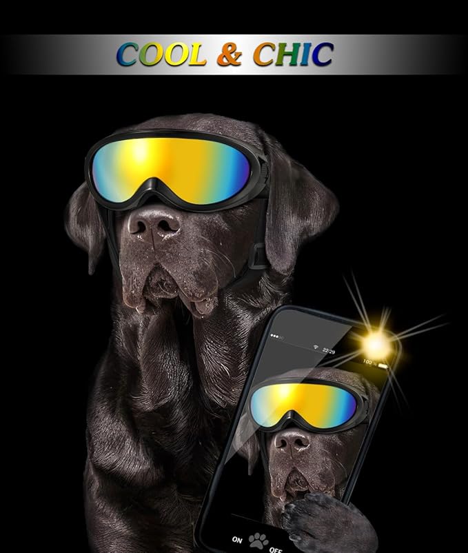 Lewondr Dog Goggles Medium Large Breed, Dog Sunglasses with Adjustable Straps and Soft Sponge Pad, UV/Wind/Dust/Fog/Snow Dog Eye Protection Sunglasses for Outdoor Driving Riding, Black
