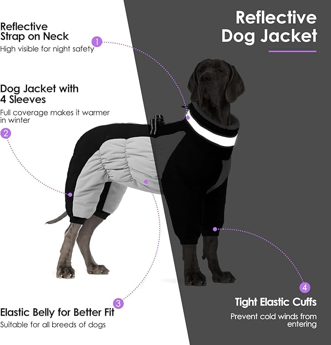 SUNFURA Full Body Dog Coat - Warm Fleece Jacket for Large Dogs, Turtleneck Winter Coats with Harness, Reflective Windproof Dog Snowsuit with Legs for Labrador,Golden Retriever, Black 2XL