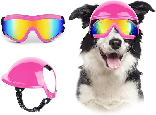 Dog Goggles and Helmet Set - Anti-dust UV Protection Sunglasses, Durable Motorcycle Helmet With Ear Hole, Adjustable Pet Glasses for Medium to Large Dogs - Pink