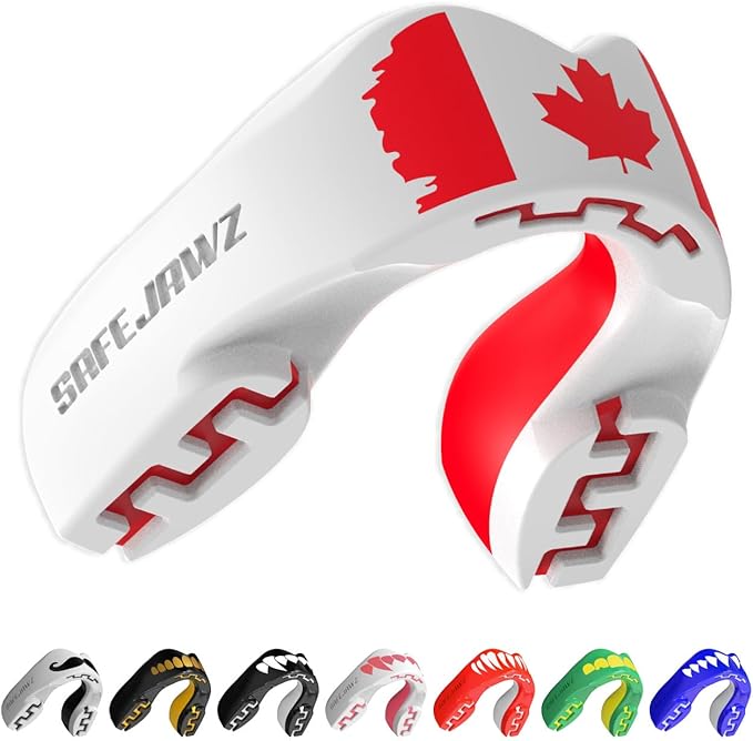 SAFEJAWZ Mouth Guard, Dual Layer Mouthguard for Youth with Case, Easy Fit Remoldable Mouthpiece for Football, Boxing, Lacrosse, MMA, Basketball & All Contact Sports (Kids <11 Years, Canada Flag)