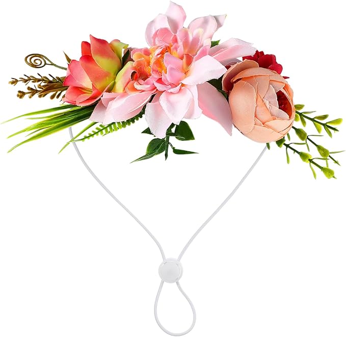 POPETPOP Dog Flower Crown, Dog Tiara Adjustable Pet Flower Headband for Pet Wedding Outfit Vacation Costume Decor