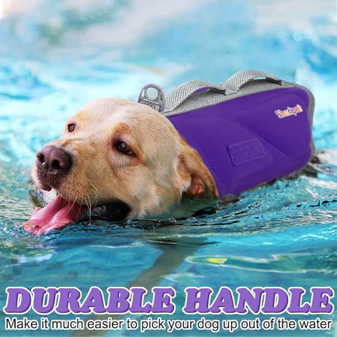 Dog Life Jacket for Large Dogs, Dog Life Vest for Swimming with Three Fashion Fabric Patches, Pet Life Preserver with Reflective Stripes and Two Rescue Handle, Puppy Swim Flotation Vest, L