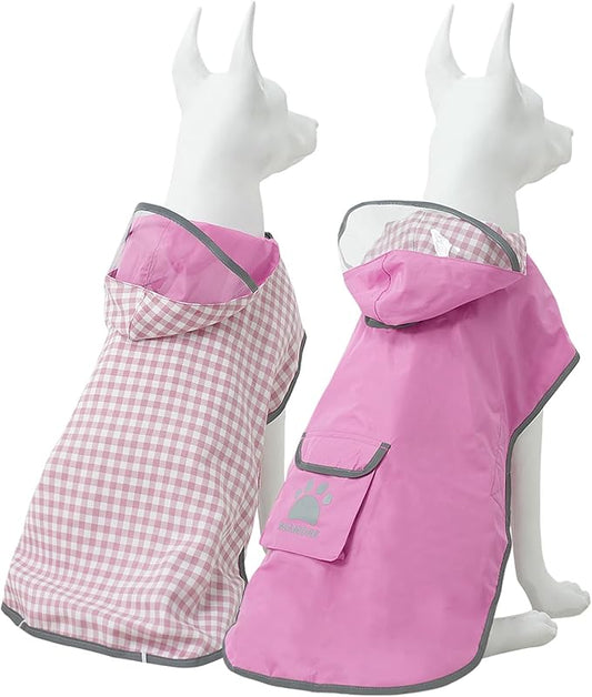 MAMORE Dog Raincoat Reversible,Waterproof Dog Rain Coat Hooded Slicker Poncho with Reflective Strip, Plaid Double Layer Rain Jacket for Small Medium Large Dogs (Dark Pink, X-Small(4-9lb))