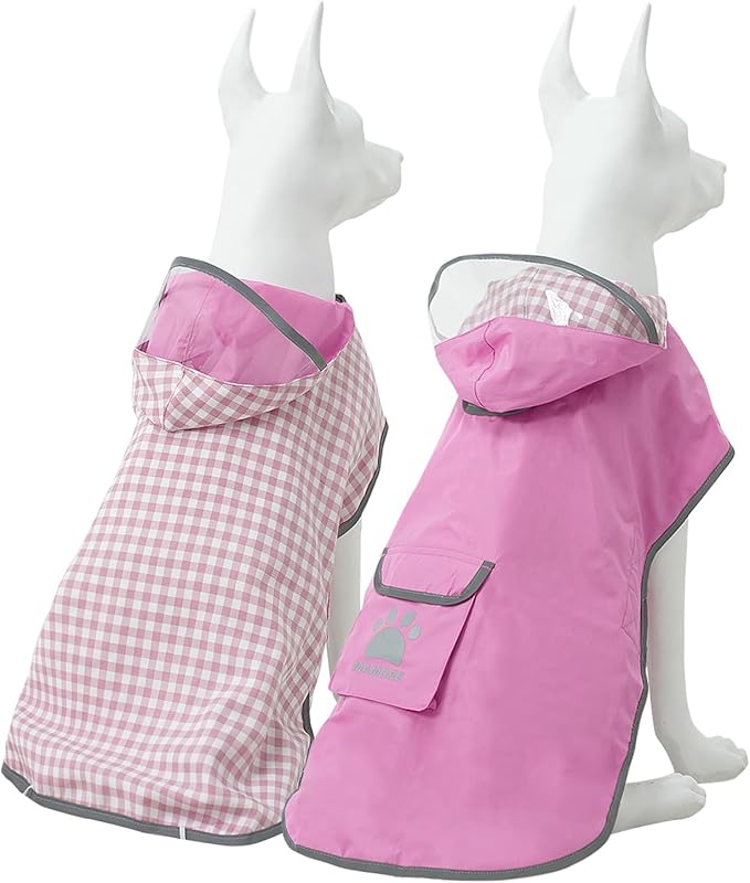 MAMORE Dog Raincoat Reversible,Waterproof Dog Rain Coat Hooded Slicker Poncho with Reflective Strip, Plaid Double Layer Rain Jacket for Small Medium Large Dogs (Dark Pink, X-Large(37-55lb))
