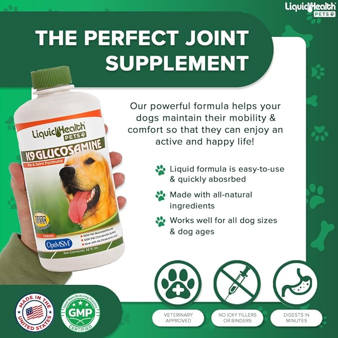 LIQUIDHEALTH Pets K9 Liquid Glucosamine for Dogs, Puppies, Senior Canines with Chondroitin, MSM, Hyaluronic Acid - Dog Vitamins for Hip Joint Health, Dog Joint Oil, Joint Juice - Made in USA (2 Pack)