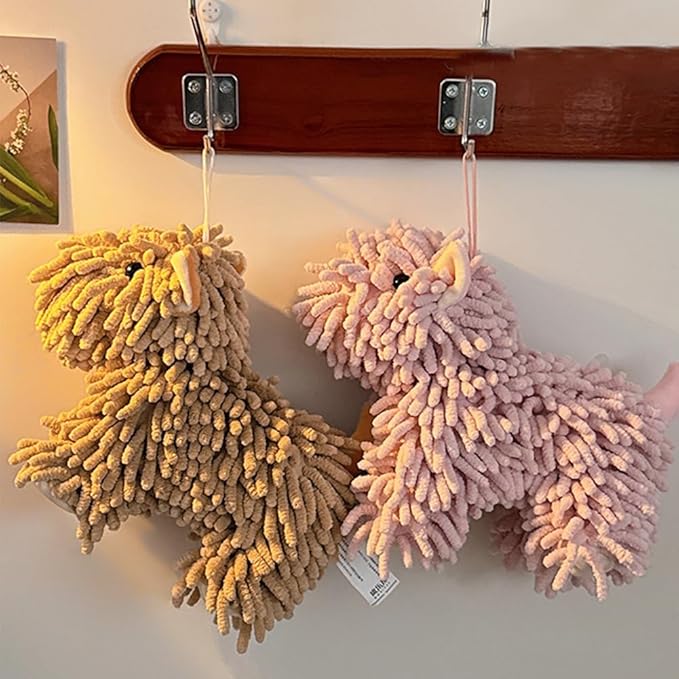 Chenille Hand Towel - Cute Cartoon Dog Plush Fuzzy Ball Hand Towel, Super Absorbent Hanging Kitchen & Bathroom Towels for Kids, Soft Hand Drying Puff for Bath, Washstand (Pink)