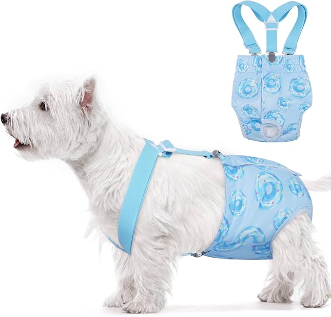 Dog Diapers Female with Suspender, Reusable Dog Diaper Female, Washable Doggie Diapers for Medium Doggy in Heat Cycle Period Incontinence, Boston Terrier, Pug (Blue M)