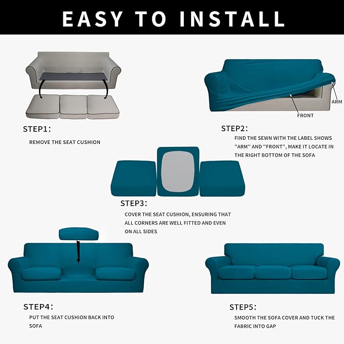 Easy-Going 100% Dual Waterproof 4 Pieces Oversized Cover Stretch Soft Couch Cover for Dogs, Sofa Slipcover for 3 Separate Cushion Couch Leakproof Furniture Protector for Kids, Pets Peacock Blue