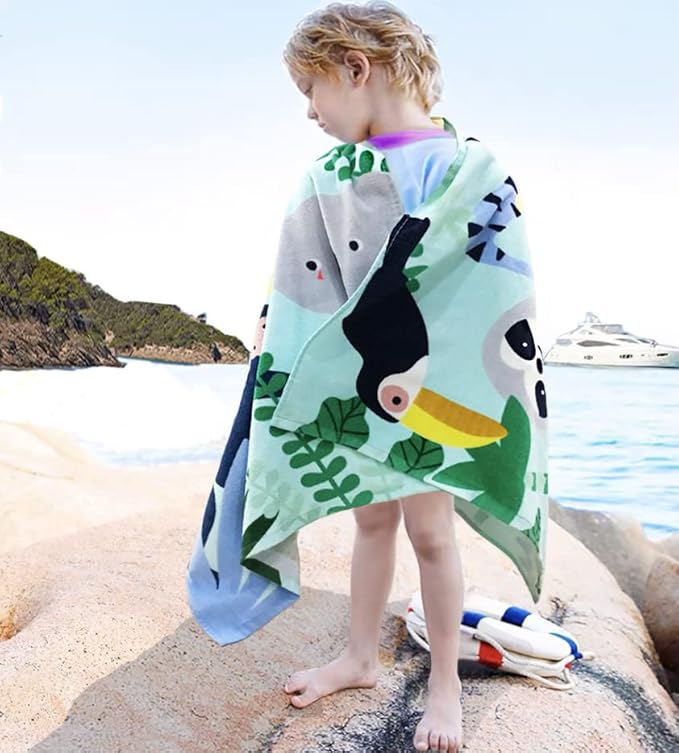 YIFONTIN Kids Beach Towel Velour Terry Blanket Throw 100% Cotton 25.5X51 inches for Swimming Bath Travel Camping and Picnic, Leopard Monkey Koala Ramphastos Taco.