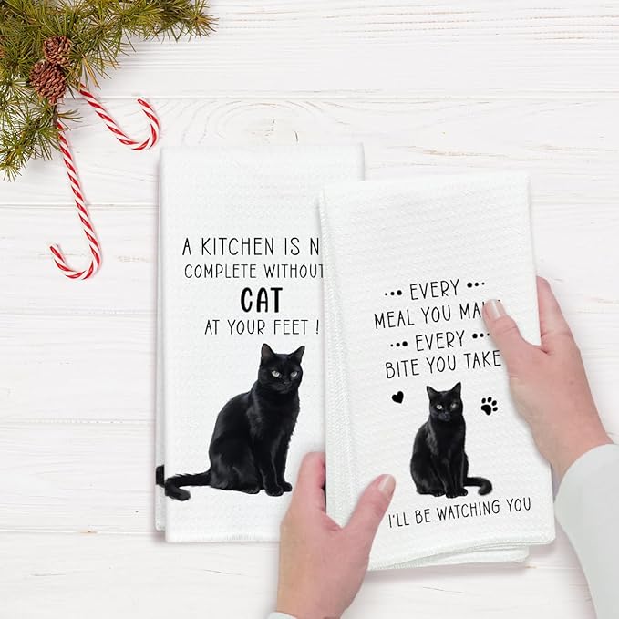 Black Cat Funny Dish Towels for Kitchen Sets of 2, Gifts for Cat Lover, Drying Cloth Tea Towel Hand Towels for Cooking Baking Bathroom Decor, 16 x 24 Inch -23