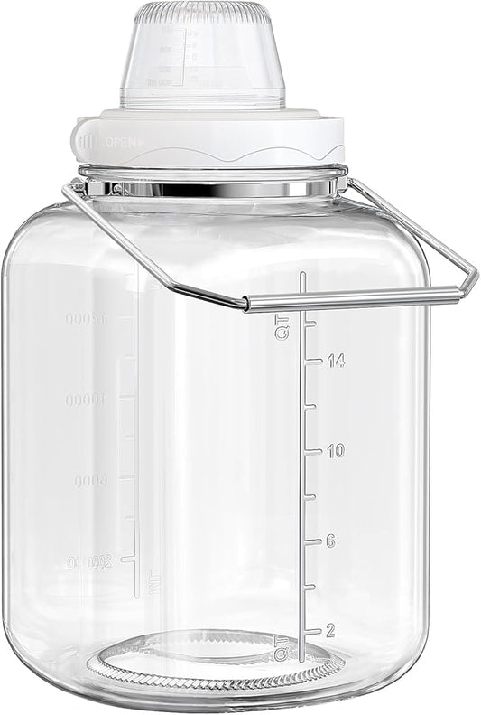 5 Gallon Glass Jar with Airtight Lid, Square Wide Mouth Storage Jar with Stainless Steel Handle, Glass Jug with Cup for Terrarium, Storage, Dog Treats, Mead Making