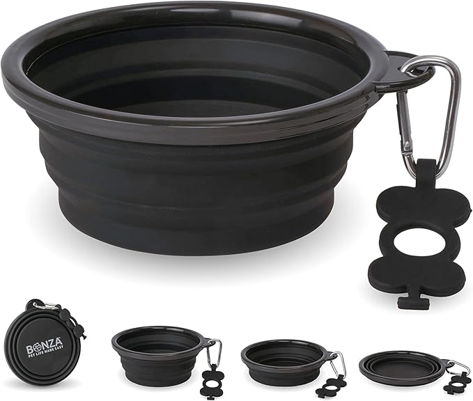 Bonza Collapsible Dog Bowls - Small 12 oz, Dog Travel Accessories, Silicone Portable Dogs Bowl & Water Dish with Reinforced Rim & Carabiner for Hiking, Camping, and Car Trips, Black
