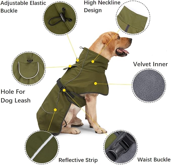 Dog Raincoat - Waterproof Winter Jacket with Velvet Inner, Reflective Strip, Black, 3XL
