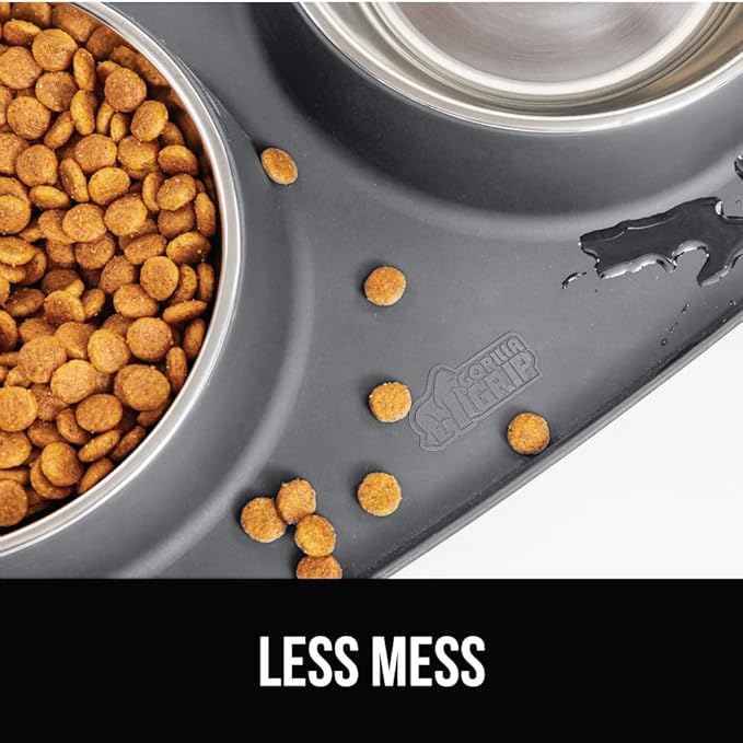GORILLA GRIP Feeding Mat Bowl Set, 4 Cup 100% Waterproof BPA Free Silicone Base, 304 Stainless Steel Cat and Dog Bowls for Food and Water, Slip Resistant, High Edge, US Designed, Patent Pending, Gray
