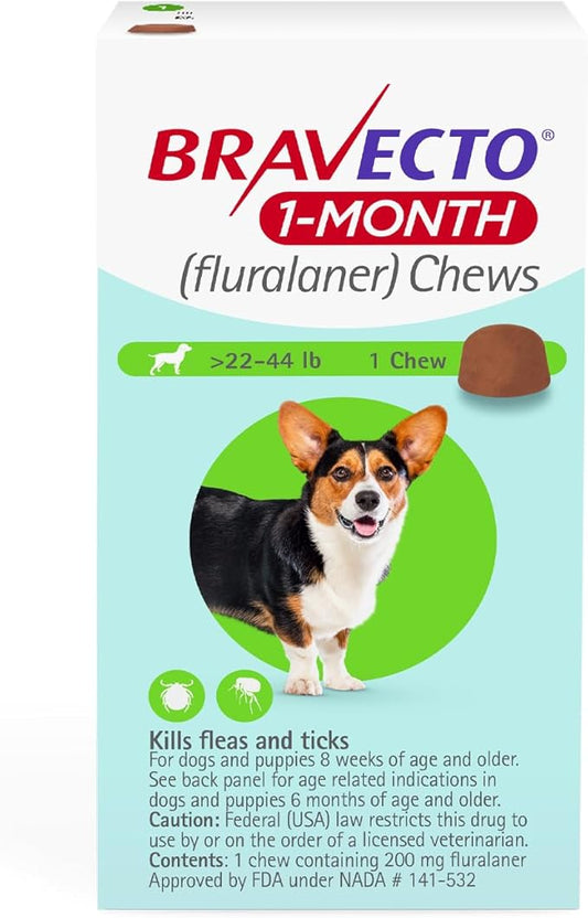 BRAVECTO 1-Month Flea & Tick Chew for Puppies, 1 Chew, 1 Month Supply, >22-44 lbs., Green Box