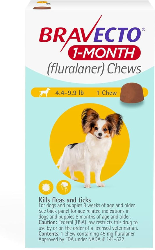 BRAVECTO 1-Month Flea & Tick Chew for Puppies, 1 Chew, 1 Month Supply, 4.4-9.9 lbs., Yellow Box