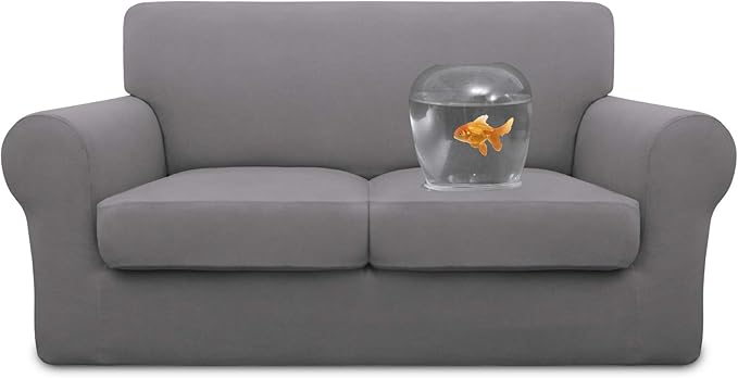 Easy-Going 100% Dual Waterproof 3 Pieces Loveseat Cover Stretch Soft Couch Cover for Dogs, Sofa Slipcover for 2 Separate Cushion Couch Leakproof Furniture Protector for Kids, Pets Light Gray