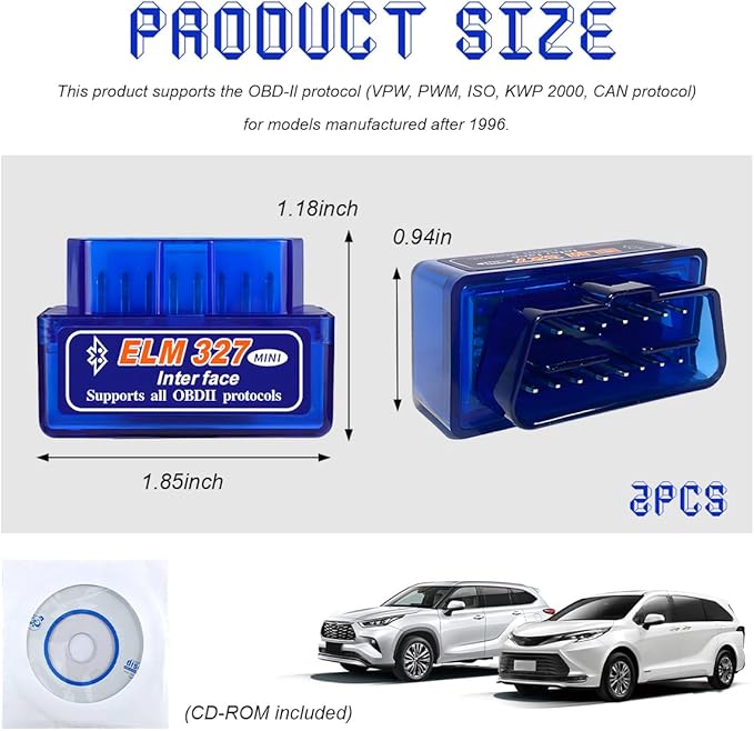 2 PCS ELM327 OBDII Car Auto Diagnostic Scanner, Mini ELM327 Interface Bluetooth Engine Fault Code Reader, Professional Wireless Failure Detector Compatible with OBD2 Vehicles