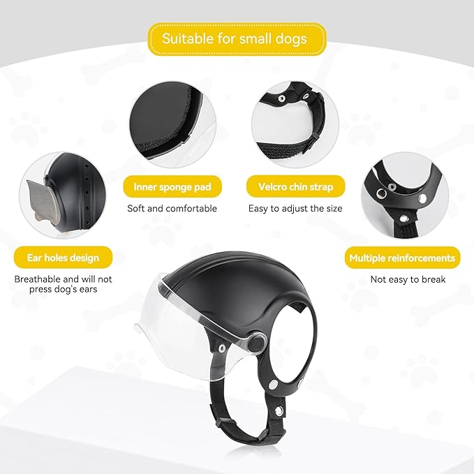 PETLESO Small Dog Helmet, Pet Motorcycle Helmet with Ear Holes, Adjustable Pet Safety Hat with Flip-Up Clear Visor, Small-Medium Puppy Heads Protection, Non-Spiked