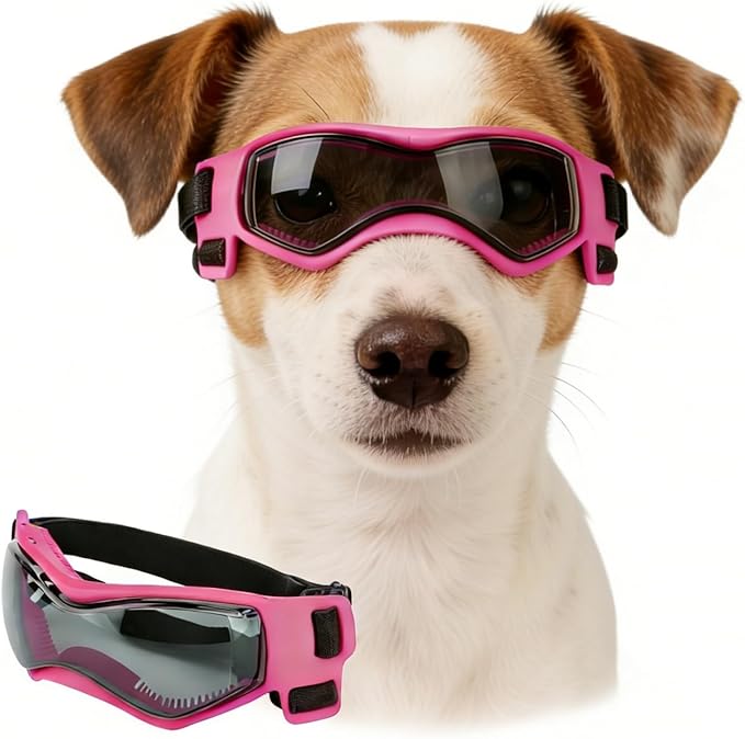 Enjoying Dog Sunglasses Medium Breed, Dog Goggles UV Protection, Cycling Eye Protection for Medium-Small Dogs, Outdoors Breathable Windproof Dustproof Anti-Fog, Adjustable Straps, Cool Pink